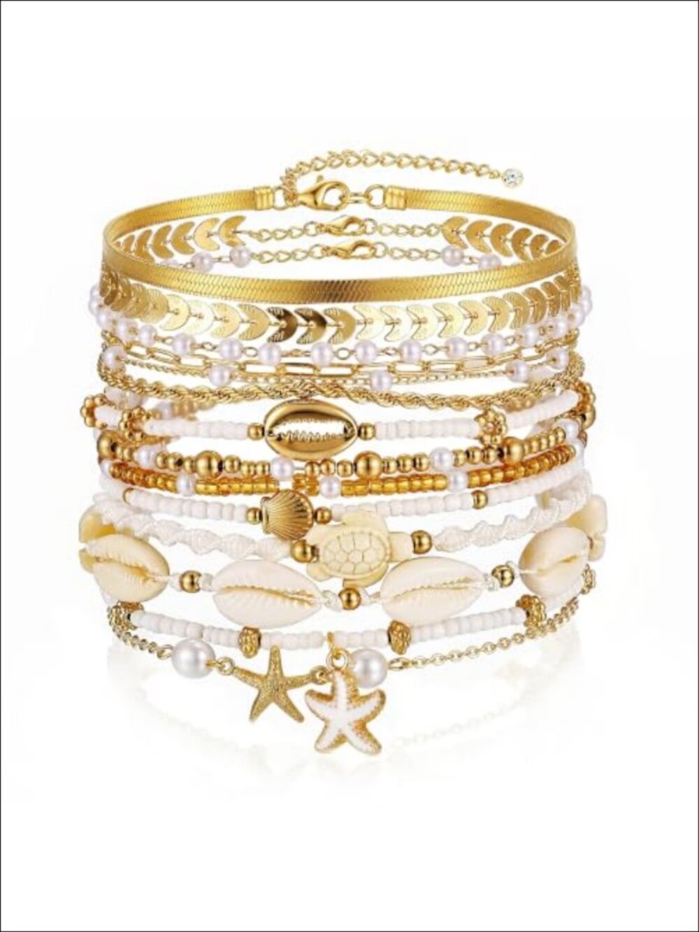 Boho Gold Beaded Bracelet Set Stackable Stretch Charm Bracelets for Women